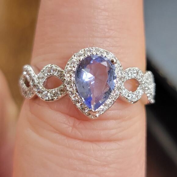 Elegant Rhodium-Plated Size 9 Pear-Shaped Violet Gemstone Ring - Picture 5 of 11